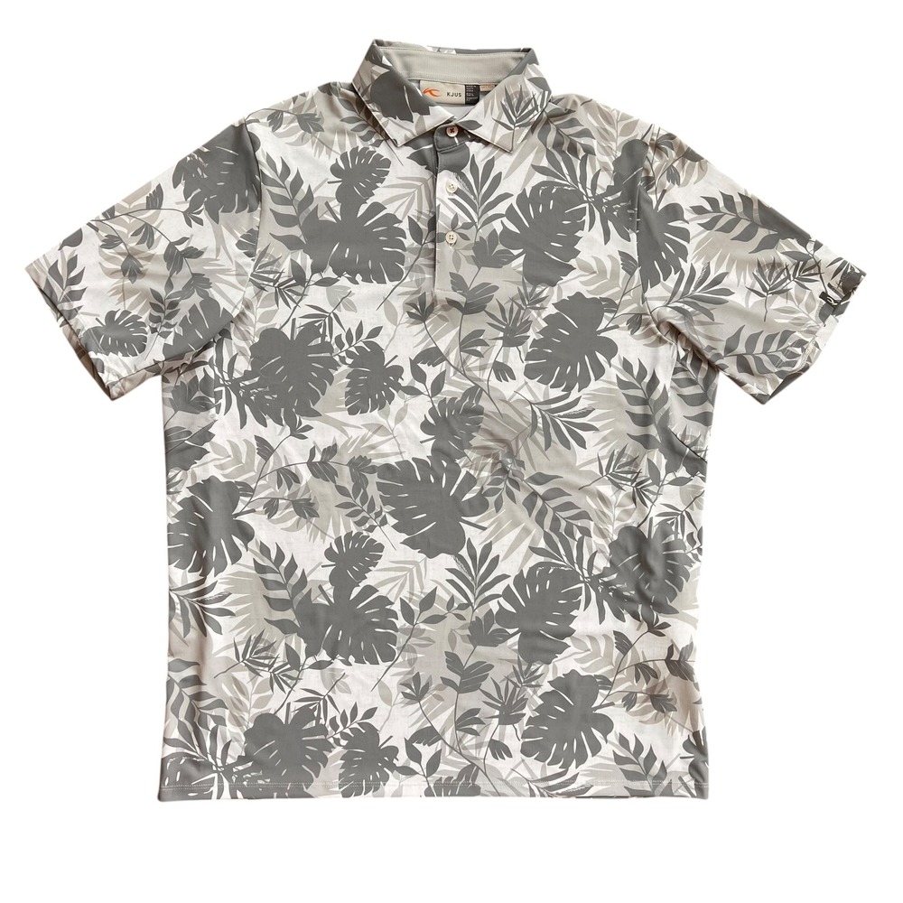 Kjus Men Golfer Polo shirt Gray White Tropical Leaf Print Size Large Comfort Fit